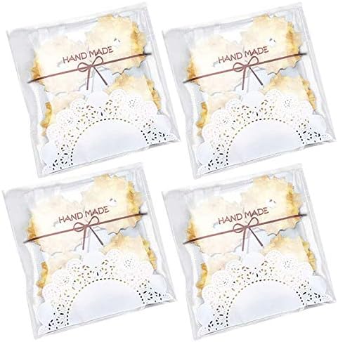 200pcs 5.5x5.5in Lovely Lace Bowknot Clear Biscuit Roasting Treat Present DIY Plastic Candy Individual Wrappers Self Adhesive OPP Cookie Bakery Decorating Favor Bags