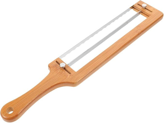 DECHOUS Adjustable Bamboo Bread Slicer with Stainless Serrated Blade and Thickness Guide for Homemade Sourdough Baguettes and Bagels