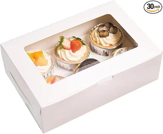 30 Pack Cupcake Boxes Bulk with Clear Display Window Hold 6 Standard Cupcakes, Disposable Food Grade White Cupcake Carrier Cupcake Container, Perfect for Cupcakes Muffins Cookies Pastries