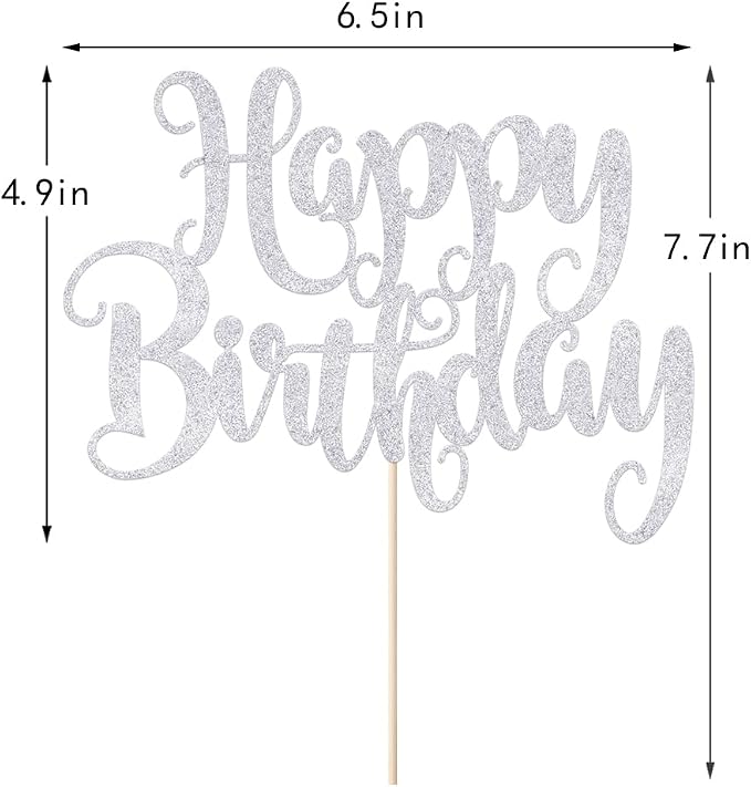 Happy Birthday Cake Topper- Glitter Happy Birthday Cake Decor, Handmade Anniversary/Birthday Party Supplies (Silver)