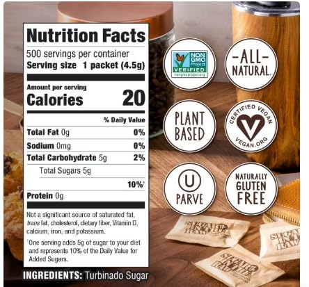 Organic Raw Cane Sugar Packets, 500 Count – Turbinado Brown Sugar, Natural Sweetener for Coffee, Tea, Baking & Drinks