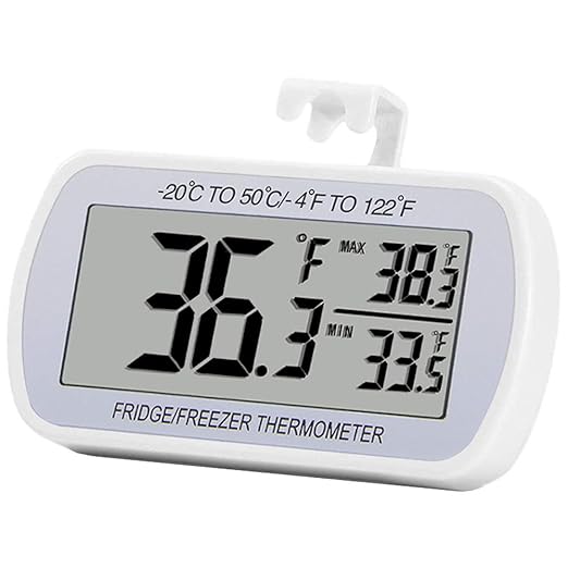 Refrigerator Thermometer Digital Fridge Freeze Room Thermometer Waterproof Large LCD Display Max/Min Record Function, White