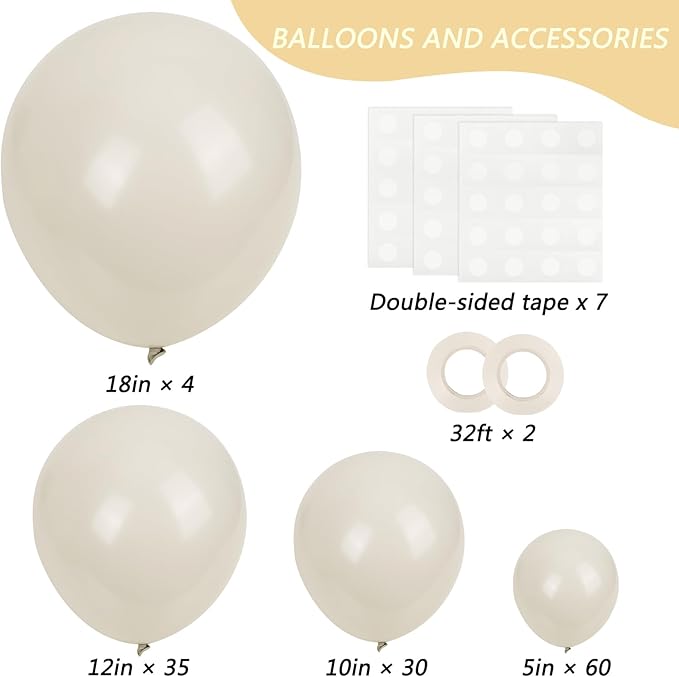 RUBFAC 129pcs Sand White Cream Balloons Different Sizes 18 12 10 5 Inches, Beige Latex Balloon Garland Arch for Birthday Engagement Party Wedding Anniversary Baby Shower Decoration
