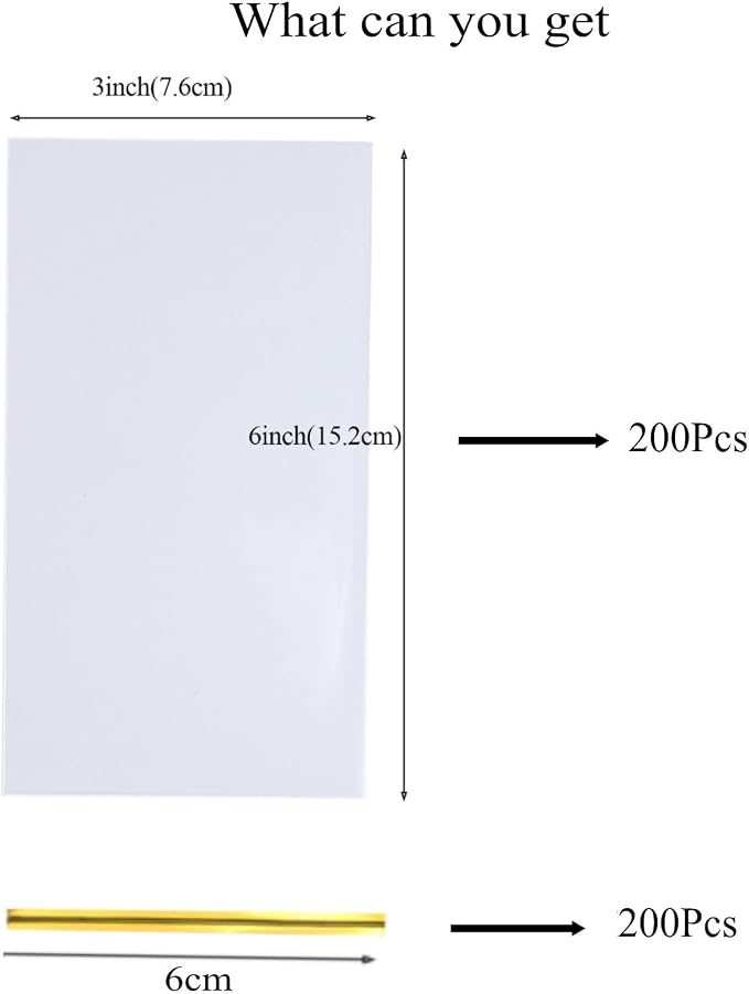 TEMLQPACK 200Pack 3x6Inches Clear Cellophane Bags with Ties - Oreo, Macaron, Soap, Rice Krispie Treat, Chocolate Truffle Gift Treat Bags for Bakery, Candy, Party Favor