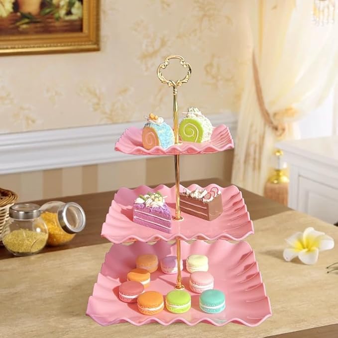 5 Pcs Cupcake Stand Set - Pink Plastic Dessert Table Display Set, 2x Pink Square 3 Tier Cupcake Display Stands Cookie Tray Rack Serving Tower & 3x 14 in Plastic Trays for Wedding Baby Shower Tea Party