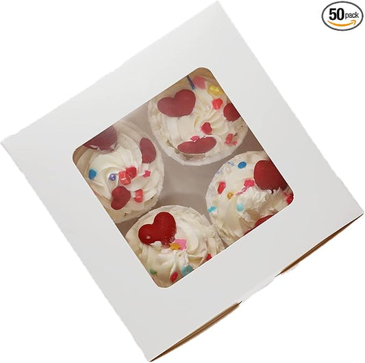 50 Pack Cupcake Boxes Bulk with Clear Display Window Hold 4 Standard Cupcakes, Disposable Food Grade White Cupcake Carrier Cupcake Container, Perfect for Cupcakes Muffins Cookies Pastries