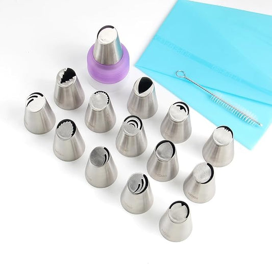 17 Pcs Stainless Steel Russian Flower Icing Tips Set,14 Russian Icing Floral Tips,1 Plastic Couplers,1 Cleaning Brush,1 Reusable Pastry Bag for Cake Decorations,Pastry Cupcakes Dessert Tools