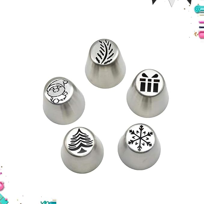 UPKOCH 5 Pcs Snowflake Piping Tips Set - Stainless Steel Russian Piping Tips Holiday Cookie, Cupcake, Cake Decorating - DIY Baking Tools with Christmas Frosting Nozzles