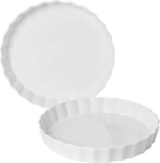 Quiche Baking Dish, Ceramic Quiche Pan, 10 inch Large Round Tart Pan Set of 2, Porcelain Pie Pan Oven Safe, Wave White Baking Dishes for Dessert, Cheesecake, Souffles, Dishwasher Safe, 43 Oz
