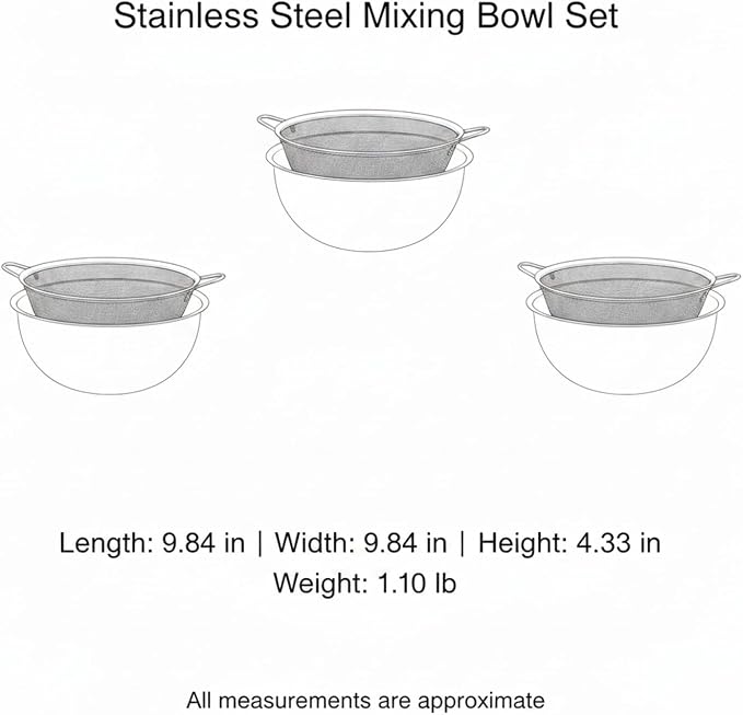 Stainless Steel Mixing Bowl Set with Nested Strainer for Washing, Draining, and Food Prep