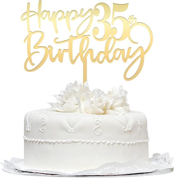 Happy 35th birthday cake Topper,Mirrored Gold Acrylic Durable Cake Topper,35th Birthday Party Cake Decorations,Hello 35th years old, Happy thirty-five years old, Birthday Party Decorations