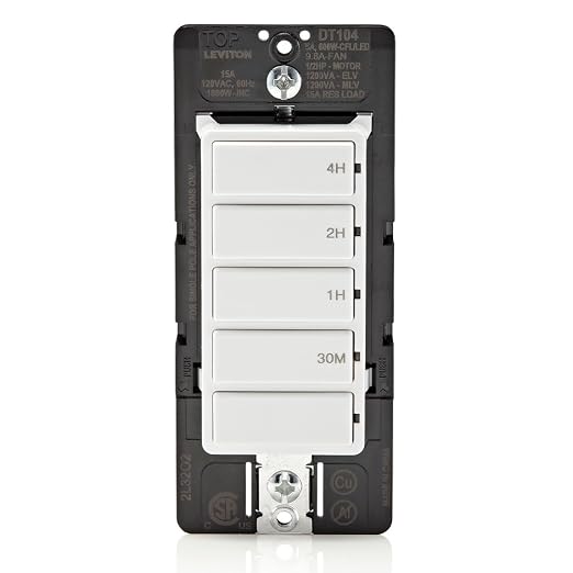 Leviton Countdown Timer Switch for household lights, heaters and exhaust fans, 30 min, 1-2-4 hour, No Neutral Wire Required, Single Pole, 15A, 1/2 HP/9.8A Fan/Motor, DT104-1LW, White