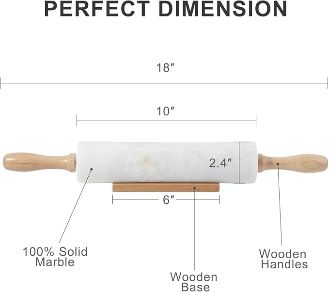 Koville White Marble Rolling Pin With Wooden Handles & Wood Cradle, 18 Inch Polished Marble Rolling Pins For Making Pizza Dough, Dough Roller For Pie Crust, Cookie, Pasta, Ergonomic Handles