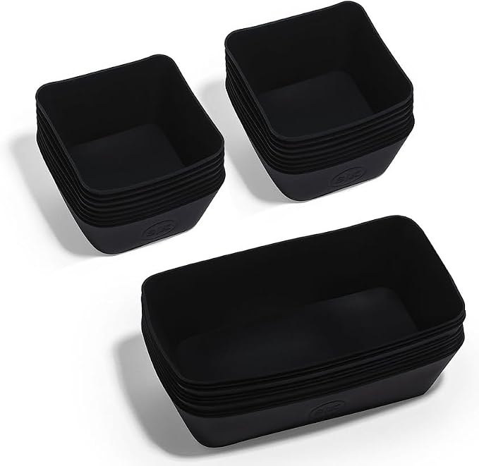The Silicone Kitchen Reusable Silicone Bento Baking Cup, Non-Toxic, BPA Free, Dishwasher Safe Bento Box Accessories Lunch Box Dividers, Square and Rectangle, 24 Pack, Matte Black