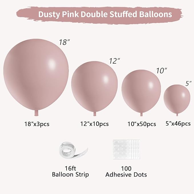 Dusty Pink Double Stuffed balloons Different Size 115Pcs 5/10/12/18 Inch Dusty Rose Matte Pink Balloons Garland Arch kit for Boho Birthday Baby Shower Bridal Shower Wedding Baptism Party
