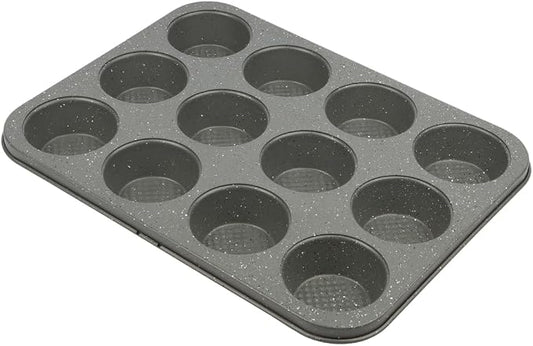David Burke 12-Cup Muffin Pan, Carbon Steel, PFTE & PFOA Free, Oven Safe, Diamond Textured Surface – Gray Speckle