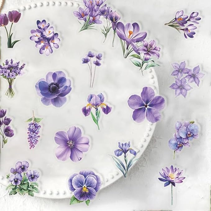 50Pcs Transparent Purple Flowers Stickers