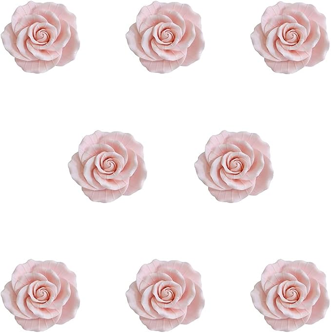 O'Creme Pink Garden Roses Gumpaste Flower Set - 2" Edible Flowers for Cake Decorating - Sugar Paste Flower Decorations for Cakes, Cupcake Toppers - Birthday, Wedding, Valentine's Day - Set of 8