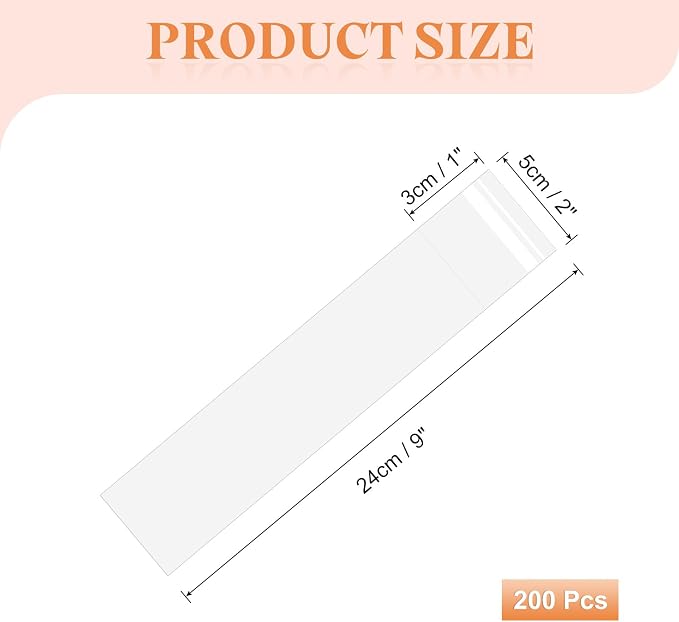 uxcell 200Pcs Self-Sealing Cello Bags, 2x9 Inch Long Clear Flap Resealable Poly Bags, OPP Adhesive Treat Bag 2 Mil for Bread Pretzel, Gift Packaging, Tableware, Necklaces Crafts