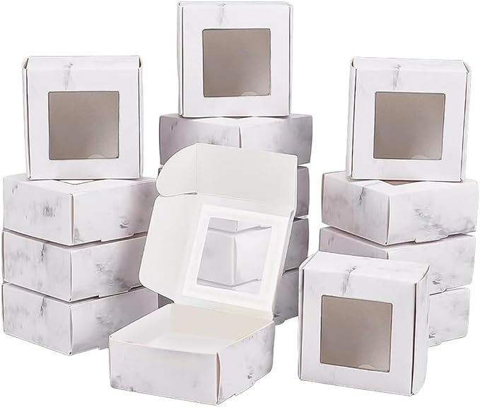 BENECREAT 30 Pack of Marble Cookie Boxes 6.5 x 6.5 x 3 cm with Window White Bakery Treat Boxes for Sweets, Small Objects