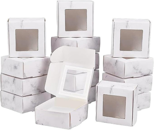 BENECREAT 30 Pack of Marble Cookie Boxes 6.5 x 6.5 x 3 cm with Window White Bakery Treat Boxes for Sweets, Small Objects