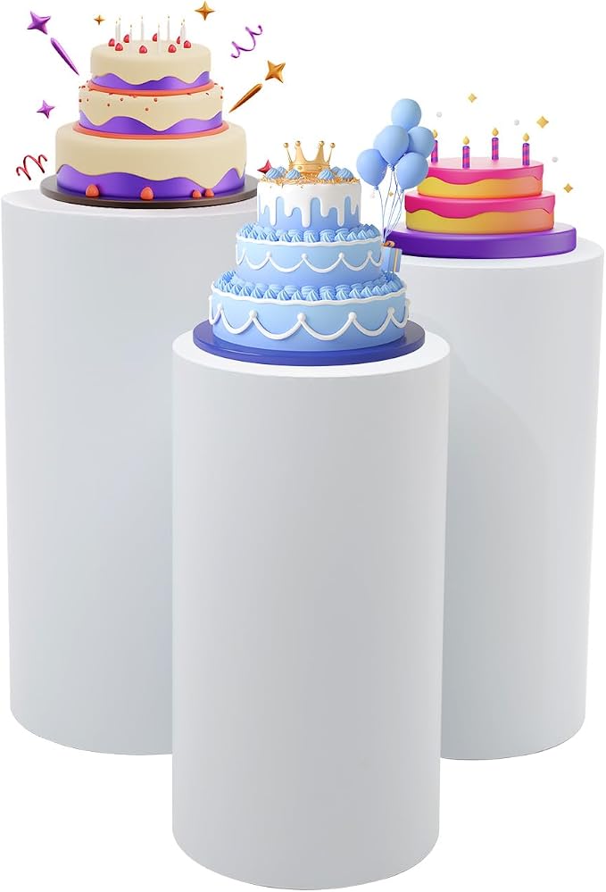 3 PCS Cylinder Stands for Party, White Round Cake Pedestal Stand Metal Cylinder Pedestal Stand Dessert Table Display Pillars for Wedding Birthday Banquet Baby Shower Parties Event Decor 23.62''(L) 21.65''(M) 19.68''(S)