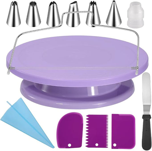 Cake Stand Rotating Turntable kit with Reusable Piping Bag and Piping Tips,Offset Spatula,Cake Decorating Tools for Beginners