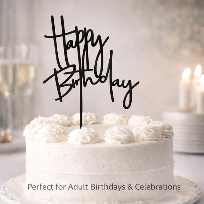 Happy Birthday Cake Topper – Black Acrylic Birthday Cake Decoration, Modern Script Reusable Cake Pick for Adult Birthday Party, 7.2 Inch