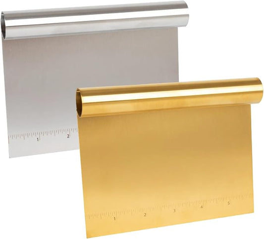 2 Pack Stainless Steel Dough Scraper with Measuring Scale,Bench Scraper & Cutter, Multipurpose Pizza/Pastry/Cake/Pastry/Bread Food Cutter, Kitchen Baking tools Essential Utensil (Silver & Gold)