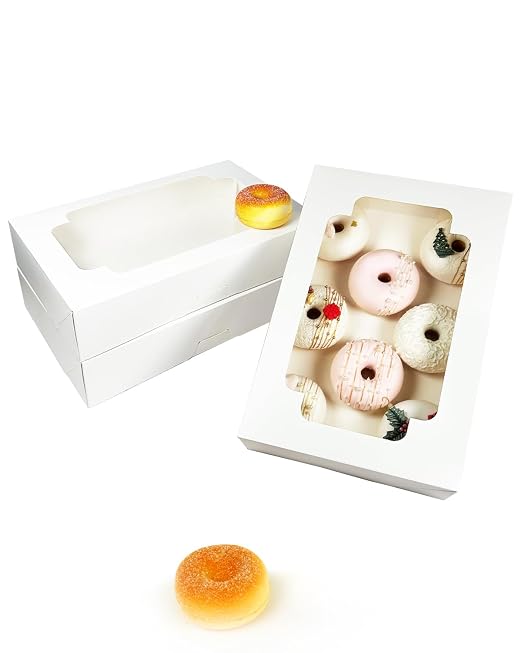 Auto-pop up White Cookie Box with Window 12x8x2.5 inch 32 Packs Two Uses One Second Folding Pastry Biscuit Bakery Box for Packaging