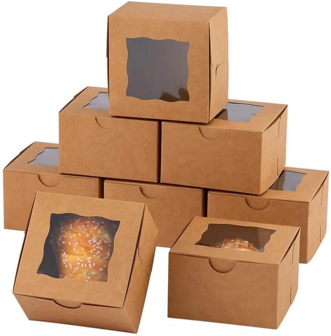 JIYIXhylera 48pcs 6x6x3 Inches Small Bakery Boxes with Window, Small Cake Boxes, Treat Boxes, Pastry Boxes, Dessert Boxes, Cookie Boxes, Mini Pie Boxes for Pastries, Pie, Chocolates, Cupcakes (Brown)