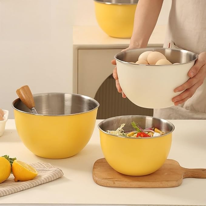 304 Stainless Steel Mixing Bowls with Lids, Nested Metal Bowl Set for Cooking Salad Dough Egg Whisking, Stackable Kitchen Prep Storage Containers(16CM Yellow)