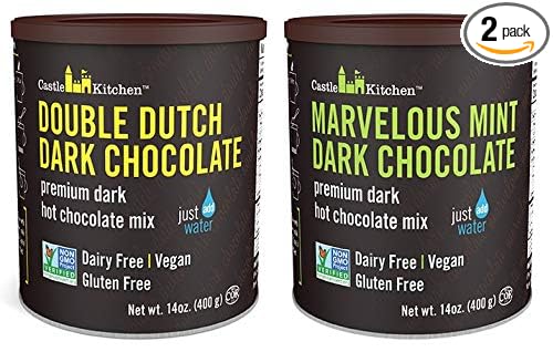 Castle Kitchen Hot Chocolate Mix Variety Pack (28 oz) – Double Decadent Dark Chocolate and Marvelous Mint Dark Chocolate – Dairy-Free, Vegan, Non-GMO, Kosher Hot Cocoa – Just Add Water – 14 oz Each, Pack of 2
