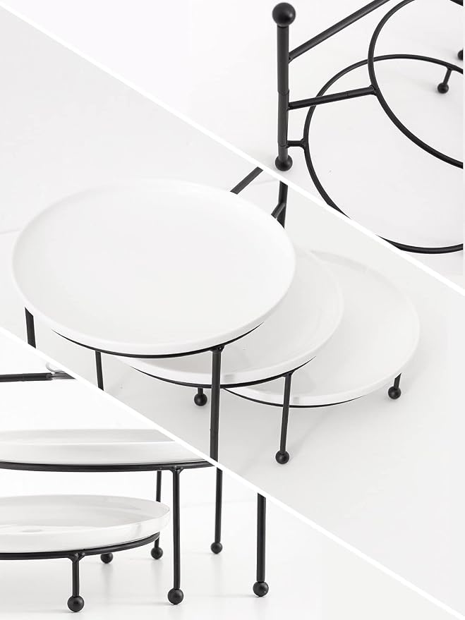 Kanwone 3 Tiered Serving Stand with White Porcelain Plates, Tiered Tray Stand, Dessert Table Display Set, 8" x 8" Tier Serving Trays with Black Metal Stand for Entertaining, 3 Tier Dessert Stand