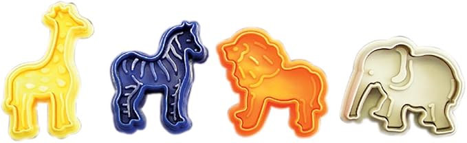 R&M Animal Collection Pastry & Cookie Cutter set of 4. Assorted Designs and Colors, Zebra, Lion, Giraffe, Elephant. 2 Inches Assorted Plastic Cookie Cutters
