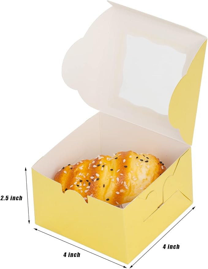 100Pcs Paper Cookie Boxes With Window Small Bakery Boxes 4x4x2.5 Inches Mini Cake Boxes For Pastries,Cupcakes,Desserts,Donuts,Chocolate Strawberries,Candy,Treat Boxes(Gold)