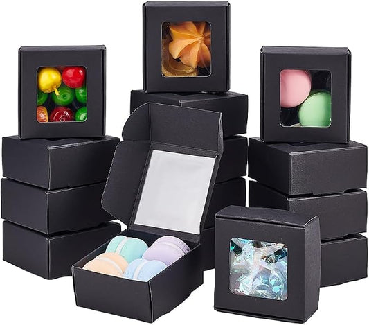 BENECREAT 30 Packs 2.5x2.5x1.2 Square Black Kraft Paper Boxes with Clear Windows for Wedding Party Favor Treats, Bakery, Jewelry, Christmas, Festival Gift Packaging