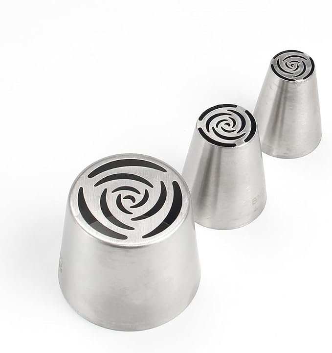 3 Pieces Different Sizes Stainless Steel Russian Rose Flower Icing Nozzles Set for Cake Decorations,1 XXL Russian Tip,1 Medium Tip,1 Small Piping Tip,Pastry Cupcakes Buttercream Baking Tools