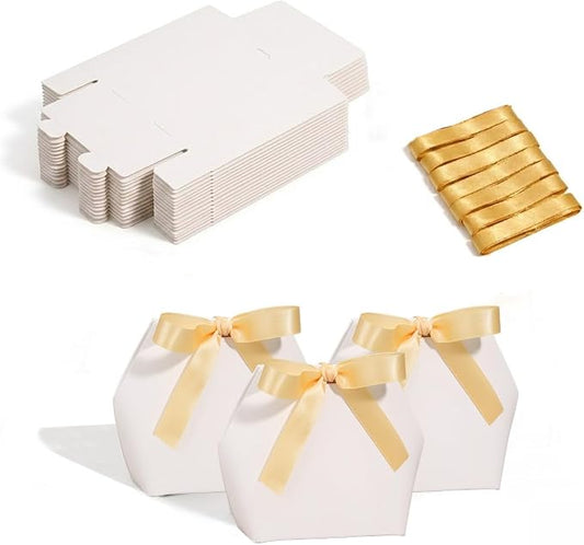 Rowcay Small Gift Boxes with Ribbons, 10 Pack White Foldable Empty Gift Boxes for Wedding Party Favors, Cookies, Candy, Jewelry, Small Presents, Gift Packaging and Favor Displays