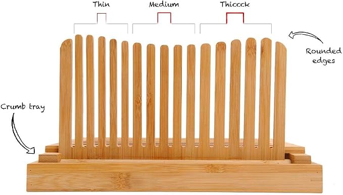 Bamboo Bread Slicer with Crumb Tray Bamboo Bread Cutter for Homemade Bread, Loaf Cakes, Bagels Slicer, 3 Slice Sizes, Adjustable, Compact, Foldable