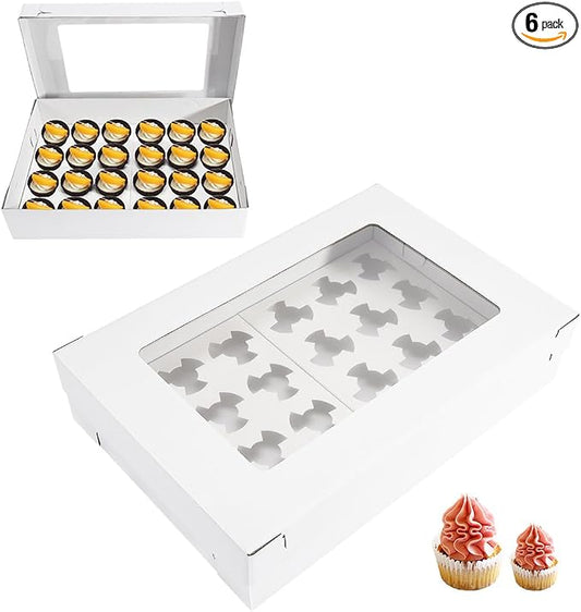 6 Pack Cupcake Boxes with Window for 24 Standard or Mini Cupcakes Corrugated Adjustable Height Bakery Box for Cake,Cookies,Donuts,Muffins&Other Pastries（17.7x11.8x4 Inch）