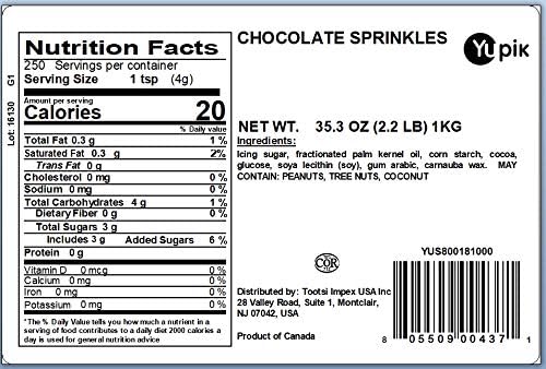 Yupik Oblong Chocolate Flavored Sprinkles, 2.2 lb (35.2 oz) Pack of 6, Low Sugar, Cholesterol-Free, Sodium-Free, Kosher, For Baking and Decorating Ice Cream, Cakes, Cookies, Cupcakes, and Donuts