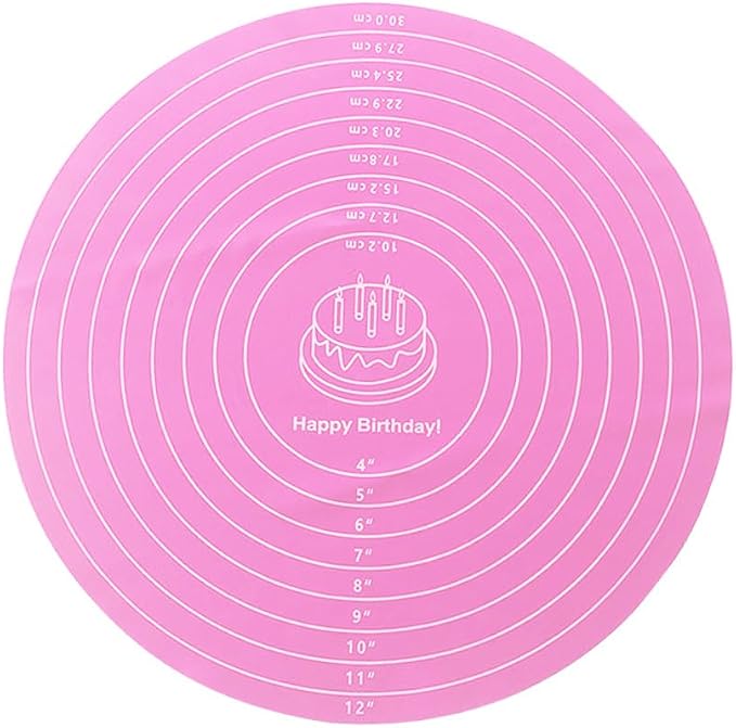 1-Pack 12 Inch Pink Silicone Baking Pad, Round Cake Decorating Mat for Rotating Stand, Non-Stick Fondant Work Surface, Washable Pastry Sheet for Bread Pizza Dough