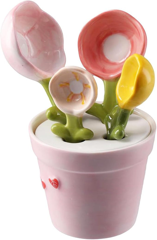 Sunflowers Measuring Spoons and Cups Set, Cute Ceramic Measuring Spoons, Baking Sunflowers Measuring Spoon with Holder for Milk Powder Sugar Salt Wet Dry Ingredients