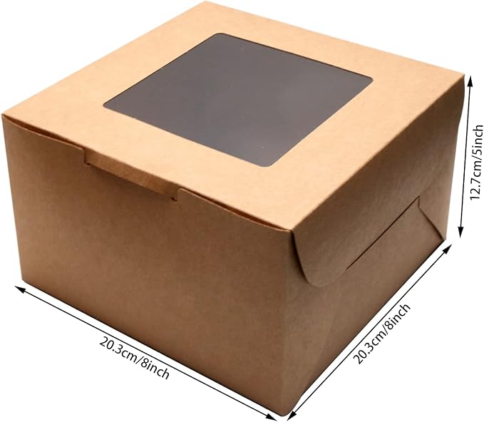 Kraft Bakery Boxes 8x8x5 Inch - 10Pack Window Gift Boxes | Includes twine & stickers. Sturdy kraft. For cookies, cupcakes, pastries, wedding favors, party treats & DIY