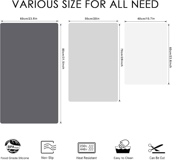 Extra Large Silicone Mat for Kitchen Counter, 31.5x16.9 Inch Heat Resistant Mat Countertop Protector, Non-Stick and Thick Silicone Pad Silicone Baking Mat for Dough and Pastry, Dark Gray