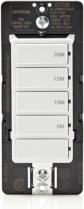 Leviton Countdown Timer Switch for Bathroom Fan and Household Lights,5-10-15-30 min,No Neutral Required,Single Pole,15A,1/2 HP/9.8A Fan/Motor,DT130-1LW,White,(Pack of 10)