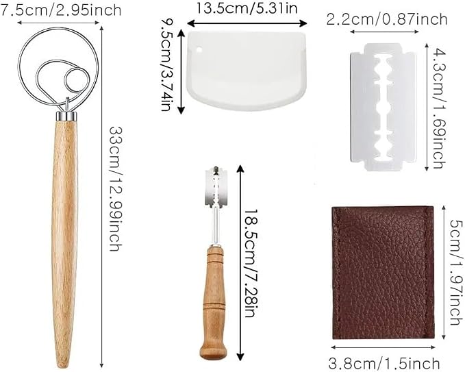 Danish Dough Whisk with Dough Scraper Bread Lame with 5 Blades and Leather Cover 13" Dutch Bread Whisk Bread Mixer Stainless Steel Dutch Bread Dough Whisk Hand Mixer for Sourdough, Pizza, Pastry, Cake