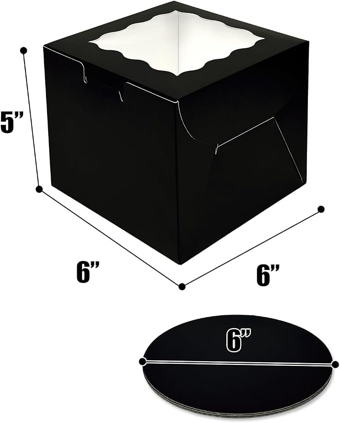 Bakepacker 36pcs 6x6x5 Inches Cake Boxes with Window 18-Packs Black 6 Inch Bakery Boxes (18 Cake Boxes +18 Cake Boards Included)