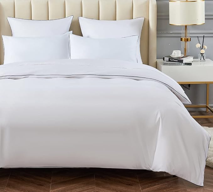 DAUAOTO Duvet Cover Full/Queen Set, White with Decorative Navy Piping Microfiber Bedding, 1 90"X90" Cover + 2 20"X26" Shams